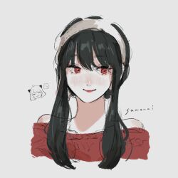 2girls ahoge anya_(spy_x_family) black_hair blunt_bangs blush closed_mouth commentary hair_bun hairpods headband highres multiple_girls red_eyes red_lips red_sweater samenai_ymkr sidelocks signature simple_background smile spy_x_family sweater symbol-only_commentary upper_body yor_briar