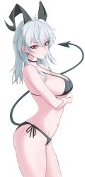 1girl absurdres arms_under_breasts bare_shoulders bikini black_bikini black_choker black_horns black_tail breasts choker closed_mouth collarbone commentary_request cowboy_shot crossed_arms curled_horns demon_tail from_side grey_hair hair_between_eyes highres horns korean_commentary large_breasts light_blush long_hair looking_at_viewer mole mole_on_breast mole_under_eye navel red_eyes seungju side-tie_bikini_bottom sideboob simple_background solo stomach swimsuit tail white_background wuthering_waves zani_(wuthering_waves)