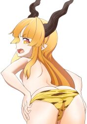 1girl animal_print ass back blonde_hair blunt_bangs breasts chinese_zodiac commentary_request cowboy_shot from_behind highres ibuki_suika kurohiba long_hair looking_at_viewer looking_back open_mouth panties pointy_ears simple_background small_breasts solo tiger_print topless_female touhou underwear undressing v-shaped_eyebrows variant_set white_background year_of_the_tiger yellow_eyes yellow_panties