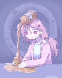 1girl alcohol artist_name blush breasts cup hair_ornament hair_tie hashtag-only_commentary holding holding_cup indoors kurohanenone large_breasts long_hair low_ponytail mogawa_(shimeji_simulation) object_on_head overflowing pink_eyes pink_hair pink_sweater ponytail pouring puddle shimeji_simulation shirt spilling sweater wavy_hair white_shirt