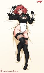 1girl 2b_(nier:automata) 2b_(nier:automata)_(cosplay) absurdres artist_logo artist_name closed_mouth commentary cosplay english_commentary english_text highres logo looking_at_viewer nier:automata nier_(series) pyra_(xenoblade) red_hair short_hair smile solo tsukijitums xenoblade_chronicles_(series) xenoblade_chronicles_2