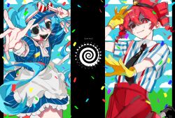 2girls absurdres alternate_costume apron arm_up black_necktie black_shoes blue_dress blue_hair blue_hat blue_sky bow bright_pupils buttons cloud collared_dress collared_shirt confetti crying crying_with_eyes_open double-breasted dress drill_hair flat_chest gloves grey_shirt grin hair_between_eyes hair_ornament hashtag-only_commentary hat hat_bow hatsune_miku highres kasane_teto kepi leg_up long_hair looking_at_viewer mesmerizer_(vocaloid) military_hat mismatched_pupils multiple_girls necktie nervous_smile outstretched_arm pants pinstripe_dress pinstripe_hat pinstripe_pattern reaching reaching_towards_viewer red_bow red_eyes red_hair red_hat red_pants sailor_collar sharp_teeth shirt shoes short_sleeves sky smile smiley_hat_ornament spiral striped_clothes striped_shirt suspenders tears teeth tongue tongue_out twin_drills twintails two-tone_bow utau very_long_hair vocaloid w_koj waist_apron white_apron white_bow white_pupils white_sailor_collar white_wrist_cuffs wing_collar wrist_cuffs yellow_gloves