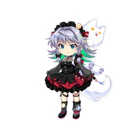 1girl a-pose alternate_costume alternate_headwear_color black_bow black_dress black_gloves black_headdress black_leg_warmers black_shoes blue_eyes bow braid breasts chibi closed_mouth dog doll dress fingerless_gloves gloves grey_hair hair_bow highres izayoi_sakuya izayoi_sakuya_(lostwordlive2025) large_breasts leg_up leg_warmers long_hair long_sleeves maid_headdress multicolored_dress official_art puffy_long_sleeves puffy_sleeves red_nails rotte_(1109) shoes solo sprite thigh_strap touhou touhou_lostword twin_braids
