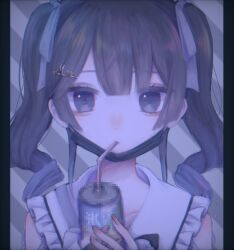 Rule 34 | 1girl, border, drinking, eyelashes, hair ornament, long hair, looking at viewer, mask, mask pull, mi oxo 9m, mouth mask, nijisanji, pixelated, solo, striped background, tsukino mito, twintails, upper body, virtual youtuber