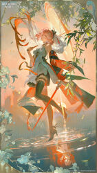 1girl absurdres bare_shoulders black_jacket black_shoes black_sleeves black_thighhighs body_markings braid changli_(wuthering_waves) colored_extremities commentary copyright_notice detached_sleeves dress english_commentary feather_hair full_body hair_extensions hair_ornament high_heels highres holding holding_sword holding_umbrella holding_weapon jacket logo long_hair looking_at_viewer multicolored_hair noland official_art oil-paper_umbrella parted_lips pink_hair red_hands ring_hair_extensions second-party_source shoes short_sleeves smile solo sword tacet_mark_(wuthering_waves) thigh_strap thighhighs twin_braids two-tone_hair umbrella very_long_hair weapon white_dress white_hair white_umbrella wuthering_waves yellow_eyes