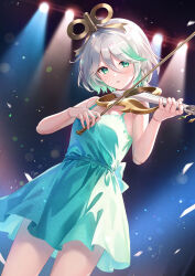 1girl alternate_costume back_bow blurry blurry_background bow bow_(music) braid cecilia_immergreen colored_inner_hair doll_joints double-parted_bangs dress dutch_angle green_dress green_eyes green_hair grey_hair hair_between_eyes hair_ornament holding holding_instrument holding_violin hololive hololive_english instrument joints looking_at_viewer multicolored_hair music open_mouth playing_instrument sebu_illust short_dress short_hair side_braid single_braid sleeveless sleeveless_dress solo spaghetti_strap standing streaked_hair violin virtual_youtuber winding_key