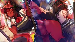 1boy 1girl apron ass ass_grab bag bent_over black_apron black_footwear black_skirt blush boots breasts brown_hair character_name clothed_sex colored_skin commentary deep_skin demon_girl demon_tail doggystyle drive-thru employee_uniform english_commentary fast_food fingernails from_behind headset heart heavy_breathing hetero highres horns knee_boots kneepits medium_breasts medium_hair meruccubus_(merunyaa) merunyaa miniskirt name_tag no_panties oni original paper_bag penis pointy_ears pussy pussy_juice red_headwear red_horns red_oni red_ribbon red_skin red_tail ribbon sex sex_from_behind short_sleeves sidelocks skirt solo_focus spoken_heart surprised tail teeth trembling uncensored upper_teeth_only visor_cap wcdonald&#039;s wireless yellow_eyes