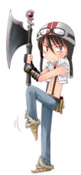 1boy arima_natsubon axe belt belt_pouch black_belt black_gloves black_hair blue_pants brown_eyes brown_shoes commentary_request crop_top fingerless_gloves frown full_body fur-trimmed_pants fur_trim gloves goggles goggles_on_headwear hair_between_eyes helmet holding holding_axe looking_at_viewer male_focus motorcycle_helmet open_clothes open_shirt pants pouch ragnarok_online shirt shoes short_hair simple_background sleeveless sleeveless_shirt solo standing standing_on_one_leg suspenders v-shaped_eyebrows vambraces white_background white_shirt whitesmith_(ragnarok_online)