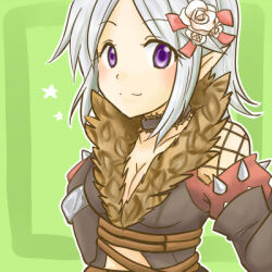 1girl blush breasts brown_coat cleavage closed_mouth coat commentary_request flower fur-trimmed_coat fur_trim green_background hair_flower hair_ornament looking_at_viewer lowres medium_breasts medium_hair pointy_ears purple_eyes ragnarok_online rose shadow_chaser_(ragnarok_online) smile solo star_(symbol) upper_body white_flower white_rose yuetoko