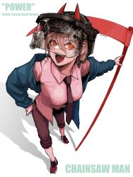 1girl absurdres brown_hair brown_necktie brown_pants chainsaw_man character_name collared_shirt combat_helmet copyright_name crack cracked_glass cross-shaped_pupils epakim foreshortening hair_between_eyes helmet highres holding holding_scythe holding_weapon horns horns_through_headwear long_hair looking_at_viewer necktie off_shoulder open_mouth orange_eyes pants pants_rolled_up pink_shirt power_(chainsaw_man) red_horns scythe sharp_teeth shirt shirt_partially_tucked_in simple_background smile solo symbol-shaped_pupils teeth visor_(armor) weapon white_background