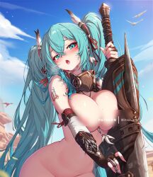 1girl artist_name bird blue_eyes blue_hair blue_sky blush breasts cleavage cloud commentary cosplay cropped embarrassed english_commentary facial_mark hatsune_miku holding holding_sword holding_weapon large_breasts long_hair mitsu_(mitsu_art) monster_hunter_(character) monster_hunter_(character)_(cosplay) monster_hunter_(series) monster_hunter_wilds nude number_tattoo open_mouth outdoors paid_reward_available patreon_username shoulder_tattoo simple_background sky solo sword tattoo twintails upper_body very_long_hair vocaloid weapon