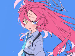 1girl abydos_high_school_logo bad_source blue_archive blue_background blue_eyes blue_necktie blush chest_harness collared_shirt commentary_request dorontabi dress_shirt duplicate fang floating_hair halo harness heterochromia highres hoshino_(blue_archive) id_card light_particles long_hair looking_at_viewer necktie open_mouth pink_hair pink_halo school_uniform shirt sidelighting simple_background solo straight_hair upper_body very_long_hair white_shirt winter_uniform yellow_eyes