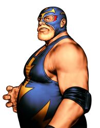 Rule 34 | 1boy, blonde hair, capcom vs snk 2, facial hair, facing to the side, fat, fat man, fatal fury, game cg, highres, looking to the side, male focus, mori toshiaki, muscular, non-web source, official art, raiden (snk), snk, solo, spandex, the king of fighters, wrestling, wrestling mask, wrestling outfit