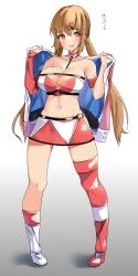 1girl alternate_costume bandeau blue_tube_top boots breasts brown_eyes cleavage commentary_request full_body heart highres jacket kantai_collection komb large_breasts long_hair looking_at_viewer low_twintails midriff miniskirt navel open_clothes open_jacket race_queen red_eyes redrawn skirt solo standing stomach strapless tashkent_(kancolle) thigh_boots thighhighs tube_top twintails