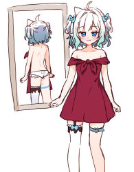 1girl aqua_hair ass ass_cutout backless_dress backless_outfit blue_bow blue_eyes bow clothing_cutout dress gradient_hair hair_bow heart_cutout highres indie_virtual_youtuber mint_fantome mirror mole mole_on_ass moorina multicolored_hair panties red_dress reflection simple_background single_thighhigh solo thigh_strap thighhighs underwear virtual_youtuber white_background white_hair white_panties white_thighhighs