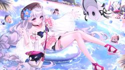 2girls absurdres ahoge bag beach bikini black_bikini blue_flower blue_nails braid brown_headwear commentary english_commentary flower grey_hair hair_flower hair_ornament highres long_hair madi_(weeniedesu) multiple_girls nijisanji nijisanji_en nina_kosaka official_alternate_costume phantomo_(reimu_endou) pink_eyes pink_shorts plaid_clothes plaid_shorts poppi_(reimu_endou) reimu_endou reimu_endou_(3rd_costume) sandals see-through_clothes see-through_sleeves shorts shoulder_bag smile solo_focus swimsuit thigh_strap twin_braids very_long_hair virtual_youtuber wide_sleeves