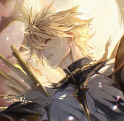 Rule 34 | 1boy, alternate form, artist name, bare pectorals, black shirt, blonde hair, commentary, cracked skin, english commentary, hair between eyes, highres, honkai: star rail, honkai (series), looking to the side, male focus, material growth, messy hair, neck tattoo, parted lips, pectorals, phainon (honkai: star rail), shalfeyy, shirt, short hair, solo, tattoo, torn clothes, torn shirt, upper body, yellow eyes