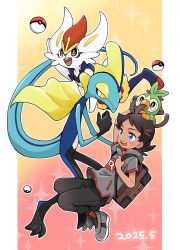 1boy antenna_hair arm_up backpack bag black_hair brown_bag cinderace dated gen_8_pokemon goh_(pokemon) gradient_background grey_shirt grey_shoes grookey highres holding_strap inteleon male_focus nintendo outline pants pillarboxed poke_ball poke_ball_(basic) pokemon pokemon_(anime) pokemon_(creature) pokemon_journeys pokesumomo red_socks shirt shoes short_sleeves socks sparkle
