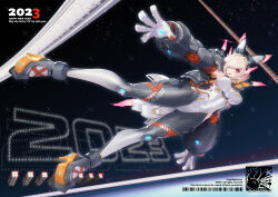 Rule 34 | 1girl, :o, armor, armpits, blonde hair, bodysuit, breasts, female focus, floating, gloves, high heels, highres, large breasts, leotard, looking at viewer, mar10, mecha musume, new year, rabbit ears, red eyes, skin tight, solo, space, waist cutout, zero gravity