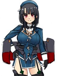 1girl ascot beret black_gloves black_hair black_thighhighs breasts cowboy_shot garter_straps gloves hand_on_own_hip hat kantai_collection large_breasts looking_at_viewer machinery military military_uniform red_eyes revision short_hair simple_background solo takao_(kancolle) thighhighs udukikosuke white_ascot white_background