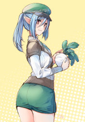 1girl armor ass blue_hair brown_eyes closed_mouth cowboy_shot food from_behind green_hat green_skirt hair_between_eyes hat highres holding holding_food holding_vegetable long_hair long_sleeves looking_back miniskirt pointy_ears ponytail rune_factory rune_factory_5 scarlett_(rune_factory) shirt shoulder_armor sidelocks skirt tinkle2013 turnip vegetable white_shirt yellow_background