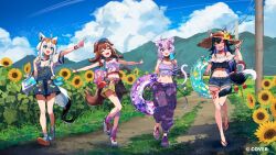 4girls :d ahoge airplane_arms animal_collar animal_ears aqua_eyes bag belt bikini bikini_under_clothes black_collar black_hair black_shirt blue_overalls blue_shorts braid brown_hair camisole cargo_pants cat_ears cat_girl cat_tail closed_eyes collar colored_inner_hair commentary_request copyright_notice crossed_bangs dog_ears dog_girl dog_tail double-parted_bangs drinking_straw eyewear_on_head flipped_hair food fox_ears fox_girl fox_tail frilled_shirt frills futo-inu hair_between_eyes hair_ornament hairclip hairpin hand_up hat holding holding_food holding_popsicle holding_swim_ring hololive hololive_gamers hoso-inu innertube inugami_korone leg_ribbon listener_(inugami_korone) long_hair low-tied_long_hair low_twin_braids midriff miniskirt multicolored_hair multiple_girls navel nekomata_okayu off-shoulder_shirt off_shoulder official_alternate_costume official_alternate_hairstyle official_art ookami_mio open_fly open_mouth orange-tinted_eyewear outside_border outstretched_arms overalls pants pentagram pink_belt pointing popsicle purple_bikini purple_camisole purple_eyes purple_hair purple_pants purple_shoes rainys_bill red_hair ribbon sandals shirakami_fubuki shirt shoes short_sleeves shorts shoulder_bag sidelocks skirt smile sneakers spread_arms streaked_hair sukonbu_(shirakami_fubuki) sun_hat sunglasses swim_ring swimsuit t-shirt tail tail_around_own_leg thigh_ribbon tinted_eyewear twin_braids very_long_hair virtual_youtuber white_hair white_shirt white_shoes wide_brim wolf_ears wolf_girl wolf_tail yellow_skirt