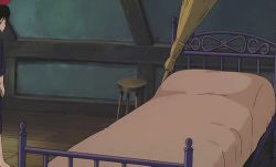 1girl animated animated_gif bed bedroom black_hair bow broom flats kiki_(majo_no_takkyuubin) lowres lying majo_no_takkyuubin official_art on_bed on_stomach robe screencap shoes short_hair stool tagme tired walking witch