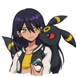 Rule 34 | 1girl, blush, chinese commentary, commentary request, crop top, crossover, earrings, gen 2 pokemon, gundam, gundam gquuuuuux, highres, holding, holding poke ball, jacket, jewelry, long hair, nintendo, nyaan (gundam gquuuuuux), poke ball, pokemon, pokemon (creature), purple hair, shenghuotui xingxing, simple background, smile, solo, umbreon, white background, yellow eyes