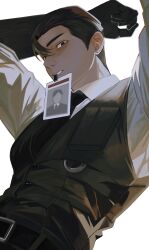 1boy absurdres belt black_eyes black_gloves black_hair black_necktie black_pants black_vest clenched_teeth collared_shirt gloves hanke_(wvr_h) highres id_card limbus_company long_sleeves looking_at_viewer male_focus meursault_(project_moon) mouth_hold necktie pants project_moon shirt short_hair simple_background solo teeth teeth_hold vest white_background white_shirt