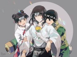 1girl 2boys arm_around_neck bandaged_arm bandaged_hand bandages black_eyes black_hair bodysuit bowl_cut brown_eyes brown_hair double_bun flower green_bodysuit green_vest grey_background grey_eyes hair_bun highres holding holding_flower hug hug_from_behind hyuuga_neji japanese_clothes maid_headdress multiple_boys naruto_(series) open_mouth parted_bangs parted_lips rock_lee shirt smile tenten_(naruto) thick_eyebrows upper_body vest white_shirt xue_ezi yellow_flower