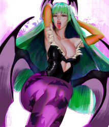 1girl absurdres animal_print aqua_hair arms_behind_head arms_up bat_print bat_wings black_leotard breasts cleavage clothing_cutout commentary darkstalkers demon_girl dulapda fur-trimmed_leotard fur_trim head_wings heart_cutout highres leotard long_hair looking_at_viewer low_wings morrigan_aensland pantyhose print_pantyhose purple_pantyhose solo tongue tongue_out wings