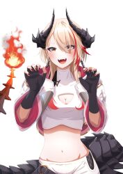 1girl :d absurdres black_gloves breasts claw_pose cleavage cleavage_cutout clothing_cutout crop_top dragon_girl dragon_horns dragon_tail earrings eyes_visible_through_hair fangs fiery_tail fingerless_gloves fire flame-tipped_tail fukurou_(hukurou) gloves hair_over_one_eye highres horns jacket jewelry kokuyou_lira long_hair looking_at_viewer medium_breasts midriff mole mole_under_eye multicolored_hair navel open_clothes open_jacket open_mouth pants red_hair red_nails shirt smile solo stomach streaked_hair tail transparent_background turtleneck turtleneck_shirt v-shaped_eyebrows vee_(vtuber) virtual_youtuber white_jacket white_pants white_shirt wide_sleeves yellow_eyes