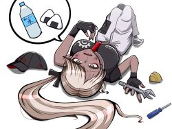 1girl black_bow black_gloves black_shirt blonde_hair bottle bow breasts brown_eyes dark-skinned_female dark_skin dirty dirty_face female_focus fingerless_gloves food full_body gloves hair_between_eyes hat holding holding_wrench jewelry kawana_tsubasa large_breasts long_hair looking_at_viewer necklace onigiri open_mouth panties ponytail screwdriver shirt short_sleeves simple_background solo solo_focus tape_measure the_hundred_line_-last_defense_academy- underwear unworn_hat unworn_headwear water_bottle white_background white_panties wrench