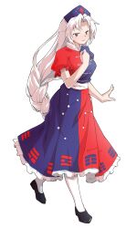 1girl arm_at_side black_shoes blue_dress blue_hat braid breasts collared_dress commentary_request constellation_print cross cross_print curtained_hair dairi dress flats frilled_sleeves frills full_body grey_eyes half-closed_eyes hand_up hat highres large_breasts large_variant_set light_blush long_hair looking_at_viewer multicolored_dress nurse_cap pantyhose parted_lips print_dress puffy_short_sleeves puffy_sleeves raised_inner_eyebrows red_cross red_dress scratches shoes short_sleeves sidelocks simple_background single_braid solo tachi-e touhou transparent_background variant_set very_long_hair walking white_hair white_pantyhose white_petticoat yagokoro_eirin