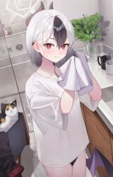 1girl alternate_costume bathroom black_panties blue_archive blush cat closed_mouth collarbone demon_girl demon_horns demon_wings drying drying_hair ear_blush ear_piercing hair_between_eyes highres holding holding_own_hair holding_towel horns jmao kayoko_(blue_archive) long_hair looking_at_viewer mole mole_on_collarbone no_pants panties piercing red_eyes shirt sidelocks single_wing solo sweatdrop towel underwear white_shirt wings