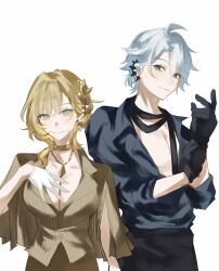 1boy 1girl absurdres adjusting_clothes adjusting_gloves aglaea_(fashion)_(honkai:_star_rail) aglaea_(honkai:_star_rail) ahoge black_gloves black_pants black_shirt blonde_hair blue_eyes breasts brown_shirt commentary_request ear_piercing gloves gold_choker green_eyes highres honkai:_star_rail honkai_(series) jacket jacket_on_shoulders jewelry large_breasts laurel_crown mimi012500 necklace official_alternate_costume open_clothes open_shirt pants phainon_(fashion)_(honkai:_star_rail) phainon_(honkai:_star_rail) piercing shirt short_hair simple_background white_background white_gloves white_hair