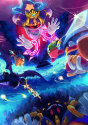 absurdres armor bandana bandana_waddle_dee battle blue_bandana coat commentary copy_ability fur-trimmed_coat fur_trim galaxia_(sword) green_headwear hammer hat highres holding holding_hammer holding_polearm holding_sword holding_weapon king_dedede kirby kirby&#039;s_return_to_dream_land kirby_(series) magolor magolor_soul master_crown meta_knight monster nintendo no_humans planet_popstar polearm pom_pom_(clothes) rayman_limbs red_coat red_eyes red_headwear reflection ripples shoulder_armor suyasuyabi sword sword_kirby traitor_magolor twitter_username ultra_sword_kirby weapon wings