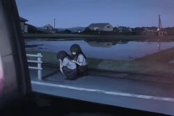2girls black_eyes black_hair black_skirt bridge building comforting crying dark grass guard_rail hand_on_another&#039;s_shoulder hands_on_own_face highres house lake long_hair looking_down multiple_girls night original outdoors pleated_skirt power_lines reflection reflective_water rice_paddy river road rural sad sailor_collar sakiika0513 scenery school_uniform serafuku shirt shoes short_hair short_sleeves sidewalk skirt sky squatting street town utility_pole water white_shirt