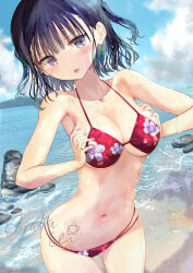 Rule 34 | 1girl, :o, armpits, artist name, beach, bikini, black hair, blue sky, blunt ends, blush, breast press, breasts, choppy bangs, cleavage, cloud, cloudy sky, collarbone, commentary request, cowboy shot, day, dot nose, embarrassed, fingernails, floral print bikini, grey eyes, highres, hill, large breasts, looking at viewer, multicolored hair, nail polish, navel, ocean, ogata tei, original, outdoors, parted lips, pink nails, red bikini, rock, sand, sky, solo, stomach, sunlight, swimsuit, two side up, underboob, v-shaped eyebrows, water, water drop, watermark, wet, wet hair