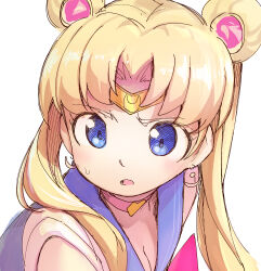 1girl bishoujo_senshi_sailor_moon bishoujo_senshi_sailor_moon_s blue_eyes blush breasts choker circlet cleavage commentary_request crescent crescent_earrings derivative_work diadem earrings hair_over_shoulder hashtag-only_commentary heart heart_choker highres jewelry long_hair magenta_(atyana) magical_girl meme pink_choker portrait sailor_moon sailor_moon_redraw_challenge_(meme) sailor_senshi_uniform screenshot_redraw simple_background sketch solo sweatdrop tsukino_usagi twintails white_background