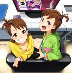 00s 2girls :d brown_eyes brown_hair casual controller crossover downblouse flipped_hair futami_ami futami_mami game_console game_controller grin hair_bobbles hair_ornament idolmaster idolmaster_(classic) kirisame_marisa looking_at_viewer looking_back multiple_girls open_mouth perfect_cherry_blossom playing_games playstation_2 short_hair shue siblings side_ponytail sisters sitting smile sony touhou touhou_user_interface video_game yakumo_yukari zun_(artist)