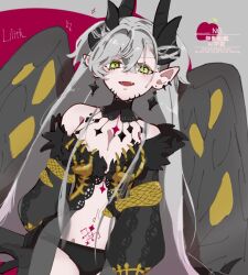 1girl black_panties breasts commentary demon_girl demon_horns demon_wings english_commentary fate/grand_order fate_(series) green_eyes grey_hair grey_wings highres horns large_breasts lilith_(fate) lilith_(third_ascension)_(fate) long_hair mizumizu0020 panties sitting skeletal_hand snake solo underwear wings