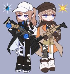 2girls assault_rifle baseball_cap battle_rifle beanie black_coat black_leggings blonde_hair blue_eyes blue_gloves bodysuit brown_coat brown_gloves closed_mouth coat commentary deformed english_commentary expressionless fn_mk_20_ssr fn_scar_16 full_body girls&#039;_frontline gloves grey_background gun hat highres knee_pads lamarr_art leggings long_hair long_sleeves moon multiple_girls optical_sight rifle scar-h_(girls&#039;_frontline) scar-l_(girls&#039;_frontline) scope sidelocks simple_background single_knee_pad smile standing sun turtleneck turtleneck_bodysuit weapon zipper zipper_pull_tab