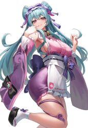 1girl blue_hair breasts detached_sleeves finger_to_mouth genshin_impact hands_up highres japanese_clothes kimono large_breasts leg_up long_hair looking_at_viewer maid nihongami obi_bow okobo pink_eyes pink_kimono platform_sandals pointy_ears purple_tail sandals sash sideboob sleeve_bow sleeveless sleeveless_kimono smile socks solo tail tapir_tail wa_maid white_sash white_socks yamanokami_eaka yumemizuki_mizuki