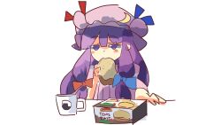 1girl blue_bow blue_ribbon blush bow bread bread_slice commentary crescent crescent_hat_ornament cup double-parted_bangs double_bun dress eating english_commentary english_text food food_in_mouth food_packaging hair_between_eyes hair_bun hand_on_table hat hat_ornament hat_ribbon highres holding holding_food jitome long_hair long_sidelocks low-tied_sidelocks mob_cap mouth_hold mug nagatsuki_kei_(nagatsuki22) patchouli_knowledge pink_hat pleated_dress purple_dress purple_eyes purple_hair red_bow red_ribbon ribbon shaded_face sidelocks simple_background solo table toast toast_in_mouth touhou upper_body very_long_hair white_background
