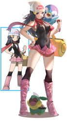 1girl bag beanie black_hair blue_eyes blue_hair blush boots breasts dawn_(pokemon) duffel_bag floating_scarf gen_4_pokemon hair_ornament hairclip hat highres holding holding_poke_ball long_hair looking_at_viewer momdy_(talesshinja) nintendo open_mouth pink_boots poke_ball poke_ball_(basic) poke_ball_print pokemon pokemon_(creature) pokemon_dppt scarf shirt skirt sleeveless smile standing tail turtwig white_hat