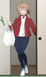 +++ 1girl bad_id bad_pixiv_id bag blue_pants blush brown_hair closed_eyes electrical_outlet food full_body fur-trimmed_jacket fur_trim hair_between_eyes highres holding holding_bag hood hoodie intrepid_(kancolle) jacket kantai_collection long_sleeves nel-c open_clothes open_jacket open_mouth pants plastic_bag ponytail red_jacket short_hair sliding_doors smile socks solo spring_onion tatami vegetable white_hoodie white_socks