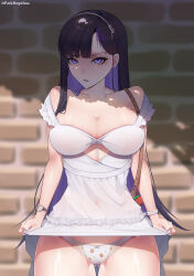1girl absurdres alternate_breast_size_(larger) bag black_hair blunt_bangs bow bracelet breasts brick_wall charm_(object) cleavage clenched_hands clothes_lift collarbone commentary cowboy_shot dress english_commentary eunhwa_(nikke) eunhwa_(tactical_upgrade)_(day_off)_(nikke) eunhwa_(tactical_upgrade)_(nikke) food food_charm food_print frills fruit fruit_print gluteal_fold goddess_of_victory:_nikke hair_ornament handbag highres jewelry large_breasts lifting_own_clothes long_hair mole mole_under_mouth multicolored_hair off_shoulder official_alternate_costume panties parkhopless parted_bangs purple_eyes purple_hair shirt_lift solo strawberry strawberry_charm strawberry_print thighs underwear very_long_hair watch white_dress white_panties