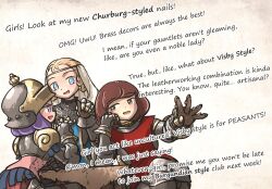 3girls armor blonde_hair blue_eyes blue_tabard brass_trim breastplate brown_eyes brown_hair chainmail circlet commentary couter cuisses elbow_on_table english_text faulds gauntlets gloves grey_armor ironlily lady_leonie_(ironlily) layered_armor leather leather_gloves looking_at_another medium_hair multiple_girls open_mouth ordo_mediare_sisters_(ironlily) paper_background pauldrons pink_shirt plate_armor poleyn purple_eyes purple_hair red_tabard rerebrace rondel sallet shirt shoulder_armor simple_background sitting tabard table tablecloth vambraces veil visor_lift white_veil wooden_table