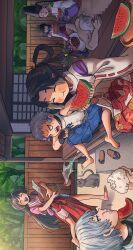 :d :t ahoge aojurujuru barefoot black_hair blank_eyes blunt_ends blunt_sidelocks blush bow bow-shaped_hair bucket cat censored cheek_bulge chewing closed_eyes eating father_and_daughter fence food food_on_face fruit fubuki_(nige_jouzu_no_wakagimi) full_body garden grey_hair hakama hakama_pants hat headband highres holding holding_bucket holding_food holding_ladle houjou_tokiyuki_(nige_jouzu_no_wakagimi) japanese_clothes jitome kannushi kariginu ladle leg_up legs_up long_hair long_sleeves low-tied_long_hair low_ponytail lying miko mochizuki_ayako mosaic_censoring nezu_kojirou nige_jouzu_no_wakagimi on_back onigiri open_mouth outdoors pants parted_bangs ponytail rectangular_mouth red_hakama red_sash ribbon-trimmed_sleeves ribbon_trim rice rice_on_face sandals sash scenery sharp_teeth shizuku_(nige_jouzu_no_wakagimi) shorts shouji sidelocks_tied_back sideways sitting sleeves_rolled_up sliding_doors small_sweatdrop smile splashing summer suwa_yorishige tasuki tate_eboshi teeth tokkuri tree unworn_footwear upper_teeth_only v-shaped_eyebrows veranda very_long_hair watermelon watermelon_slice white_shorts wide_sleeves wooden_fence wooden_floor zouri